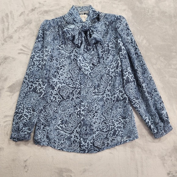 TanJay Tops - Vintage TanJay Shirt Womens 8 Blue Paisley Tie Neck Bow Long Sleeve Chiffon
